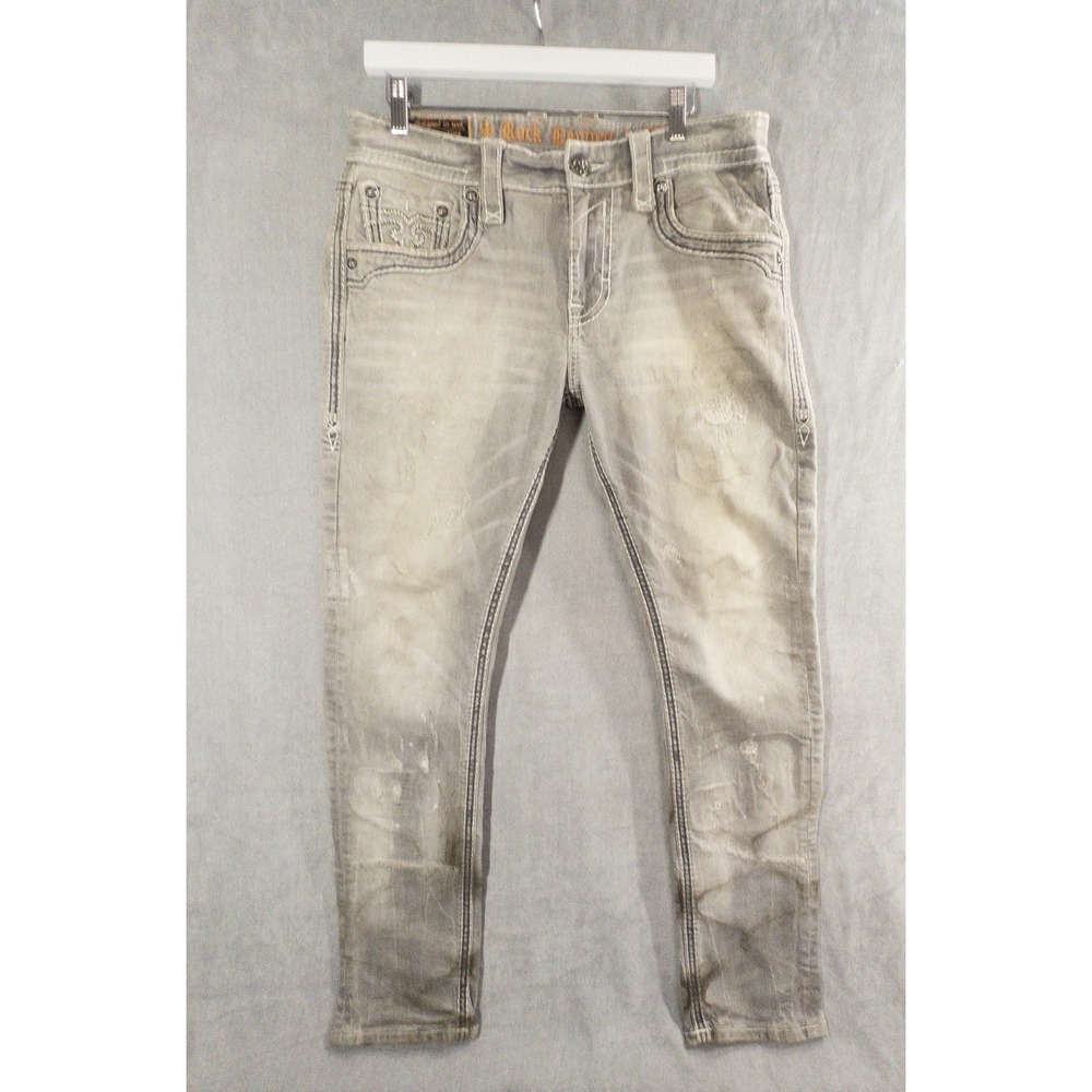 Rock Revial Men Edgar Straight Thick Stitch Distress Gray Denim Jeans Mens 34